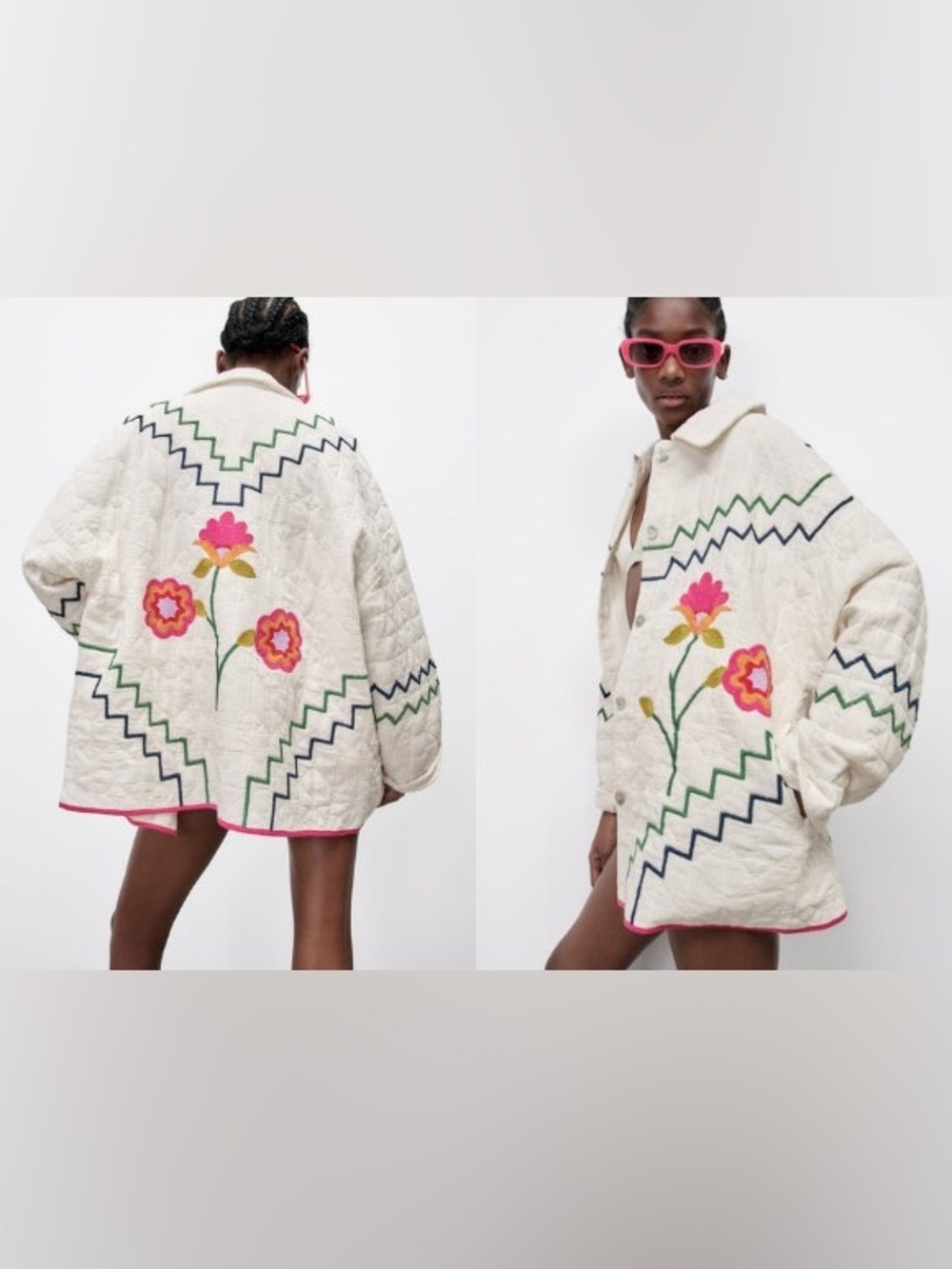 Zara Floral Quilted Embroidered Jacket White Cream Women's M-L Oversized Fit